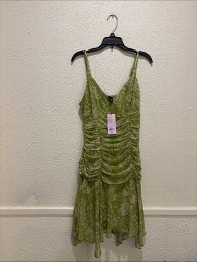 wild fable Lime Green Floral Ruched V-Neck Mini Dress